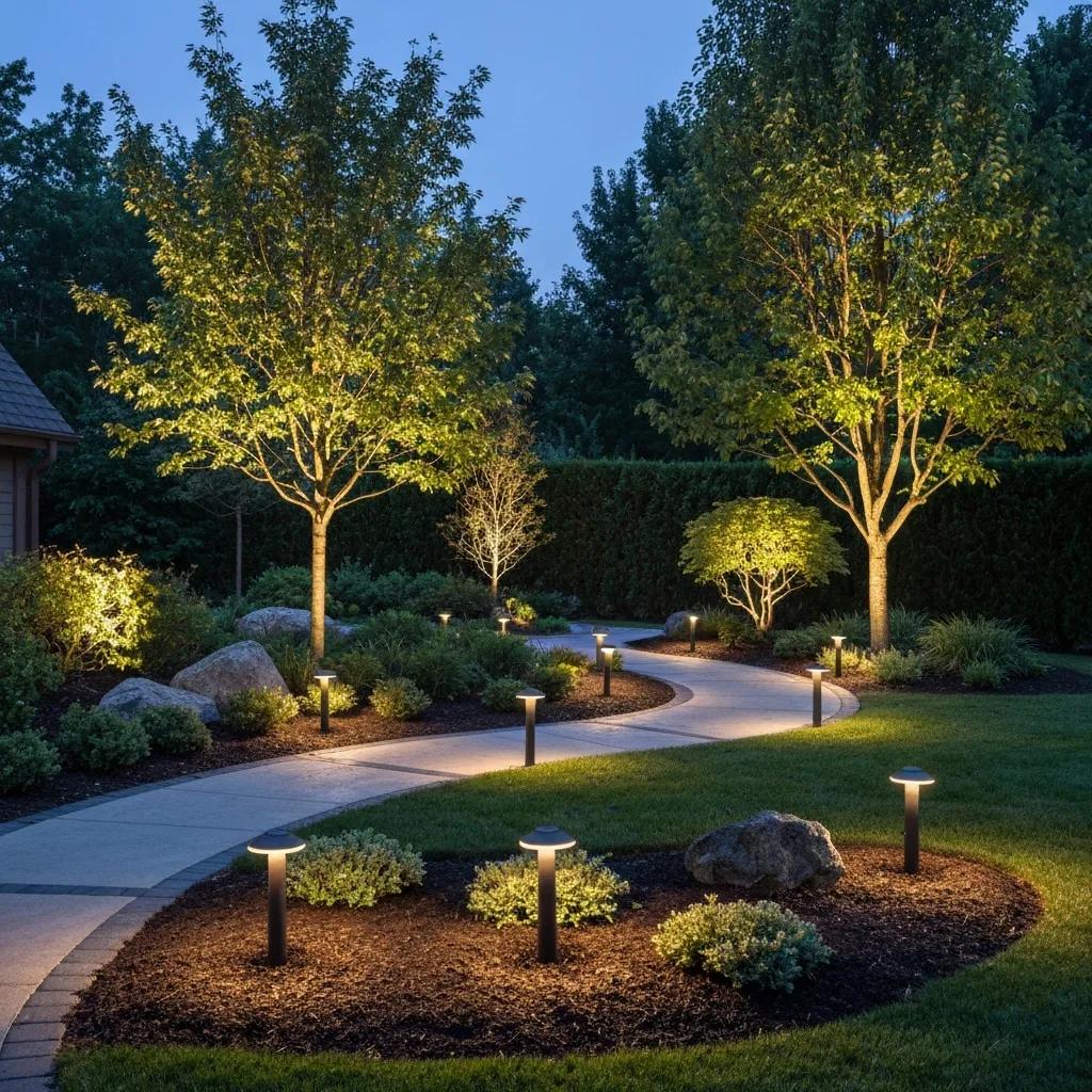 A professional landscape spotlight meticulously mounted in a garden bed, illuminating lush green grass in the evening
